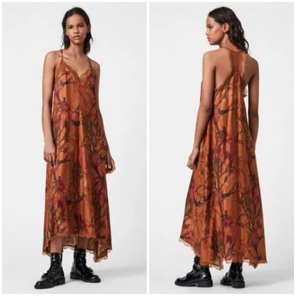 💕ALLSAINTS Seinie Nolina Slip Dress  Cinnamon Brown Floral Bird Print US 0 NWOT - Picture 1 of 16